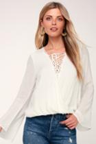 Morningside White Lace-up Bell Sleeve Surplice Top | Lulus