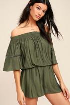 Lulus With Feeling Olive Green Off-the-shoulder Romper