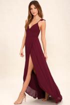Lulus | Here's To Us Burgundy High-low Wrap Dress | Size Small | Red | 100% Polyester