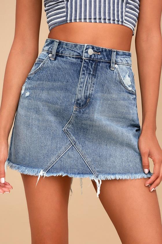 Rollas Claudia Medium Wash Distressed Denim Mini Skirt | Lulus