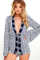 Olivaceous Many Moons Ivory And Navy Blue Floral Print Romper