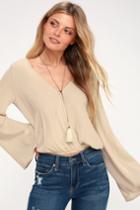 Nora Light Beige Bell Sleeve Surplice Top | Lulus