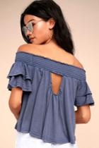 Lulus | Always Stylish Washed Blue Off-the-shoulder Crop Top | Size X-large