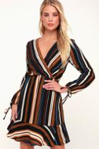 Le Lis Dawn Days Black Multi Stripe Long Sleeve Surplice Dress | Lulus