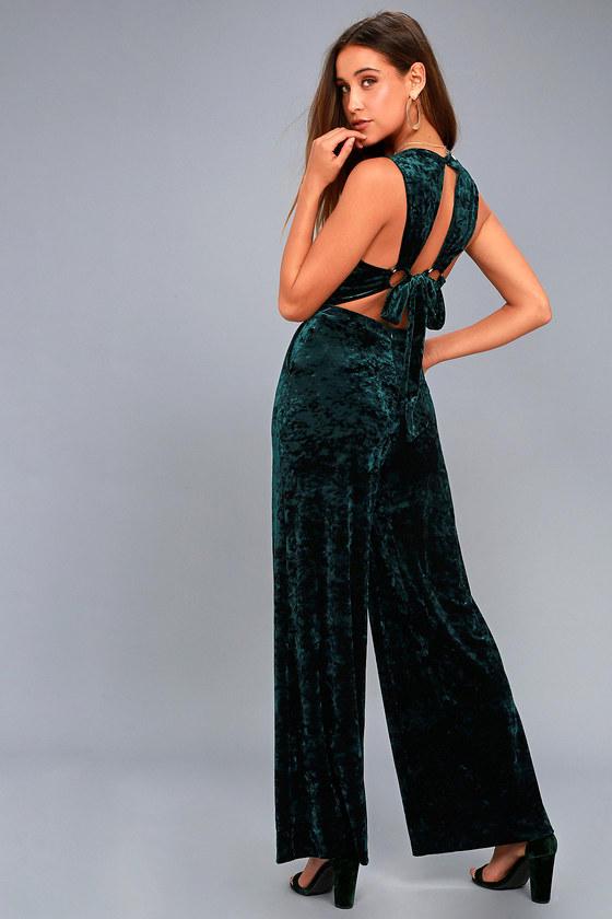 Lost + Wander | Bonbon Forest Green Velvet Backless Wide-leg Jumpsuit | Size Large | 100% Polyester | Lulus