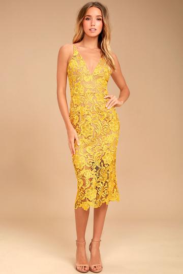 Dress The Population Dress The Population Marie Yellow Lace Midi Dress | Size Medium | 100% Polyester | Lulus