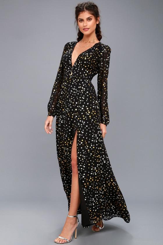 Lulus | Sparks Fly Black Star Print Long Sleeve Maxi Dress