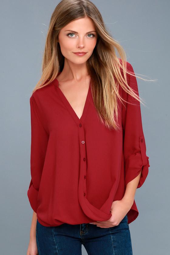 Lulus | Rush Hour Wine Red Button-up Top | Size Large | 100% Polyester