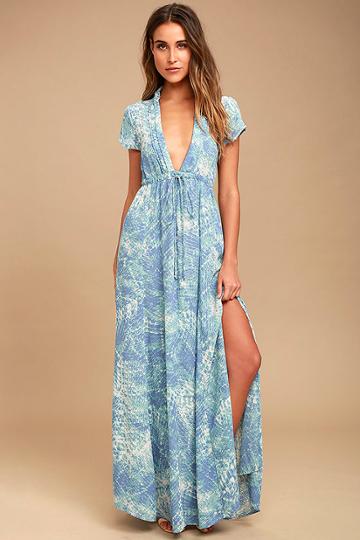 Lulus | Mermaid's Tale Blue Print Maxi Dress | Size Large | 100% Polyester
