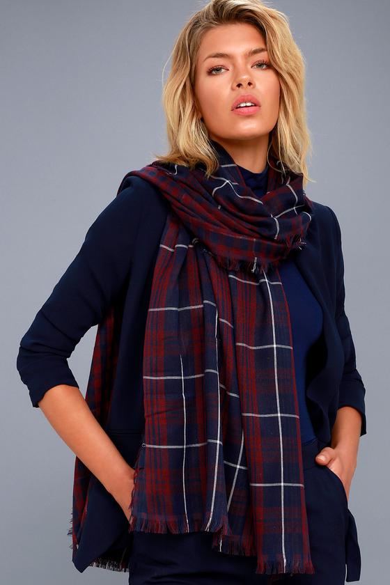 Lulus | Let It Snow Navy Blue And Burgundy Plaid Scarf