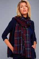 Lulus | Let It Snow Navy Blue And Burgundy Plaid Scarf