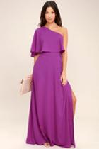 Lulus | Angelic Way Magenta One-shoulder Maxi Dress | Size X-small | Purple | 100% Polyester
