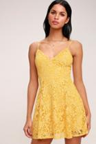 Magnolia Blossom Golden Yellow Lace Skater Dress | Lulus