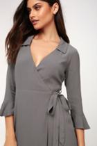 Cardwell Grey Flounce Sleeve Wrap Dress | Lulus