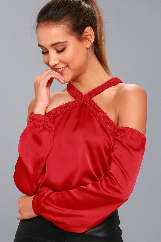 Minkpink | Evening Sun Red Satin Cold Shoulder Top | Size X-small | 100% Polyester | Lulus