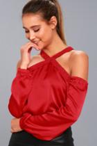 Minkpink | Evening Sun Red Satin Cold Shoulder Top | Size X-small | 100% Polyester | Lulus