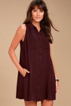 Lulus | Look Into Your Heart Plum Purple Sleeveless Shirt Dress | Size Medium | 100% Rayon