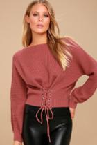 Lulus | Wrapped In Romance Rusty Rose Cropped Lace-up Sweater