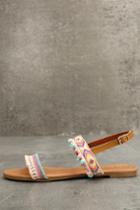 Qupid | Danica Nude Embroidered Pompom Flat Sandal Heels | Size 6 | Beige | Vegan Friendly | Lulus