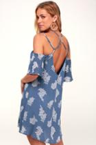Fleur Allure Slate Blue Floral Print Off-the-shoulder Dress | Lulus