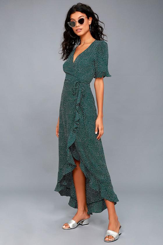 Lulus | Mystified Forest Green Polka Dot High-low Wrap Dress | Size Large | 100% Polyester