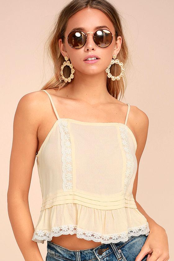 Lulus | Divine By Day Cream Lace Crop Top | Size Large | White | 100% Polyester