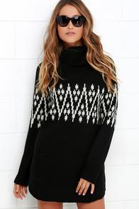 Lulu*s Say It Ain't Snow Black Print Sweater Dress