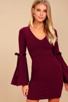 Lulus | Once In A While Burgundy Bell Sleeve Bodycon Dress | Size Large | Purple