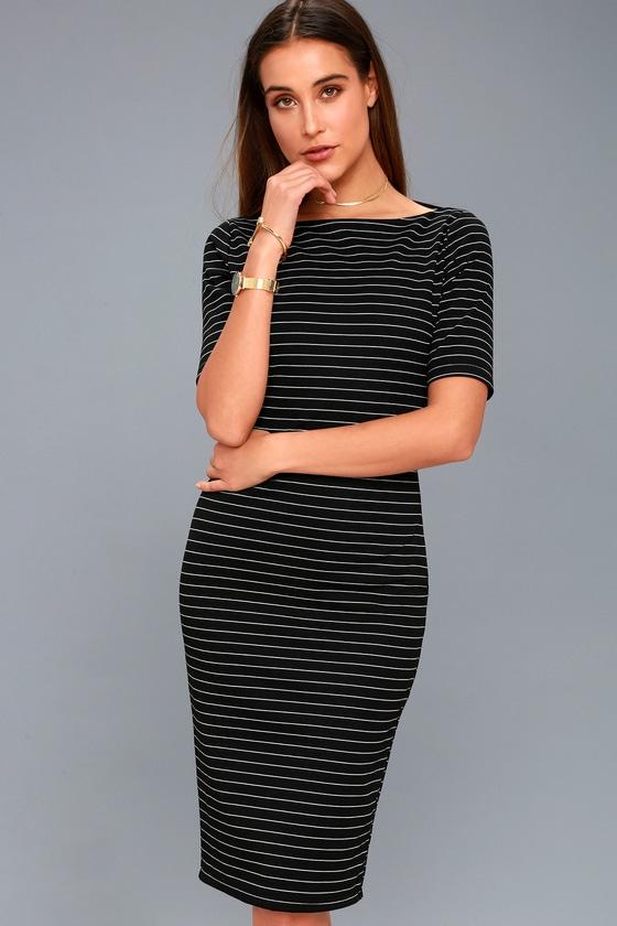 West Village Black Striped Bodycon Midi Dress | Lulus