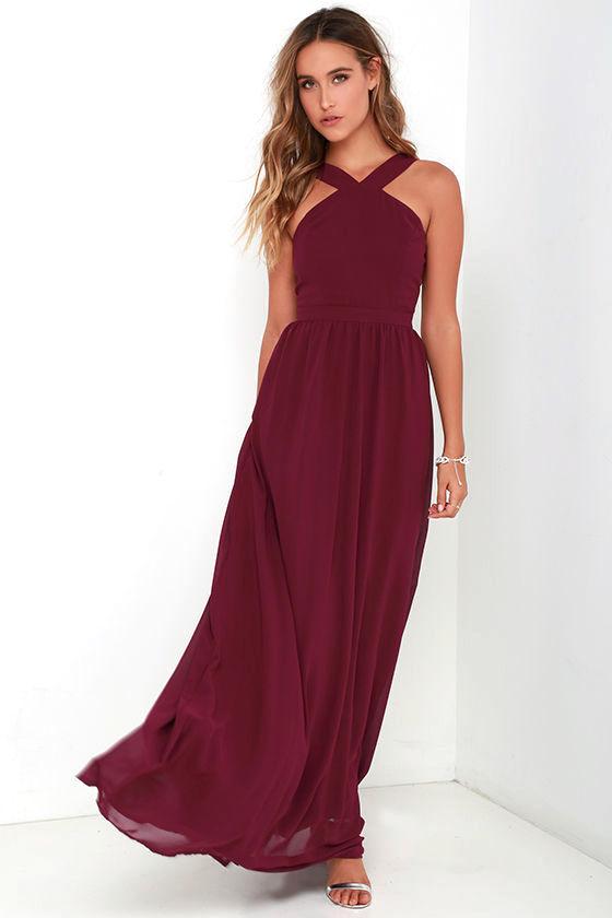 Lulus | Air Of Romance Burgundy Maxi Dress | Size Large | Red | 100% Polyester