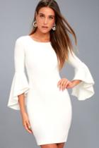 Lulus | Gimme Some Flair White Flounce Sleeve Bodycon Dress | Size X-small | 100% Polyester
