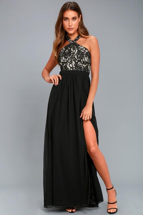 Lulus | Unforgettable Evening Black Lace Maxi Dress | Size Large | 100% Polyester