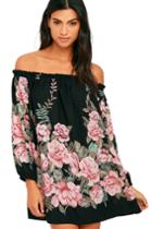 Lulus | Blooming Bouquet Black Floral Print Off-the-shoulder Dress | Size X-small | 100% Polyester