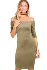 Lulus Still The One Olive Green Suede Off-the-shoulder Dress