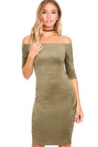 Lulus Still The One Olive Green Suede Off-the-shoulder Dress