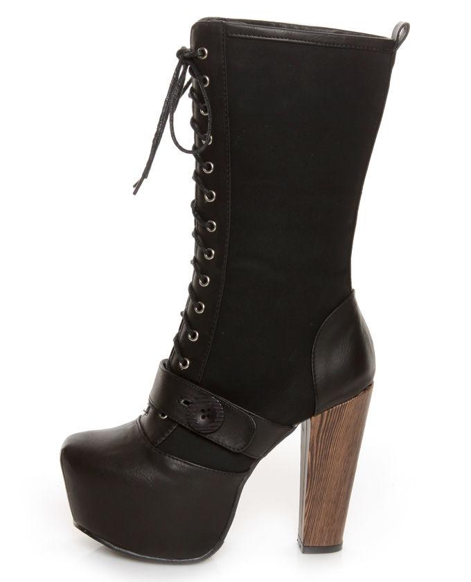 Shoe Republic La Fiorina Black Belted Lace-up Platform Boots