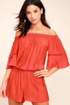 Lulus With Feeling Coral Red Off-the-shoulder Romper