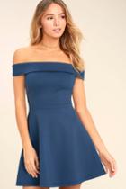 Lulus | Season Of Fun Denim Blue Off-the-shoulder Skater Dress | Size Large | 100% Polyester
