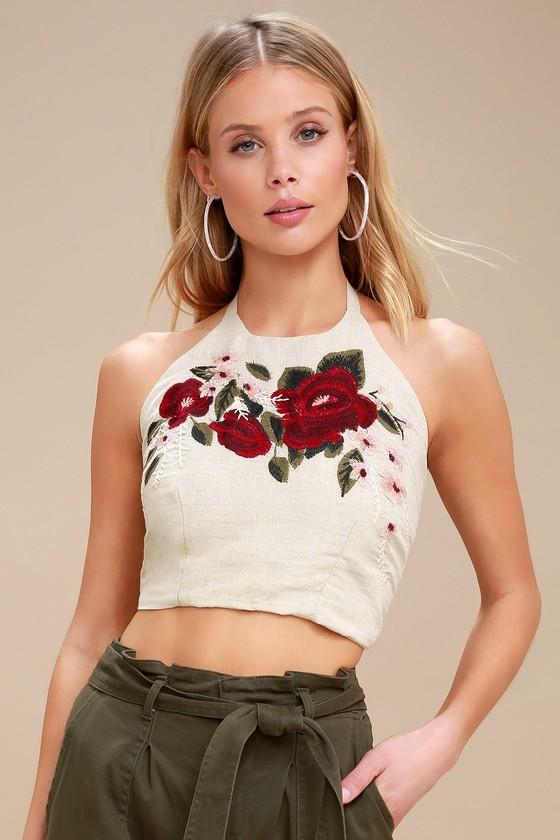 White Crow Off To The Races Beige Floral Embroidered Halter Top | Lulus