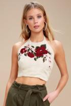 White Crow Off To The Races Beige Floral Embroidered Halter Top | Lulus
