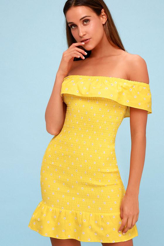 The Fifth Label Fiesta Yellow Floral Print Smocked Off-the-shoulder Dress | Lulus