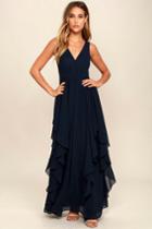 Lulus | Simply Sweet Navy Blue Maxi Dress | Size X-small | 100% Polyester