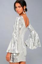 Lulus Beaming Belle Silver Sequin Bell Sleeve Dress
