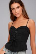 Lulus | Admired By All Black Lace-up Peplum Top | Size Large | 100% Cotton