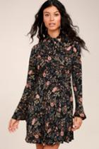 Re:named | Picturesque Piece Black Floral Long Sleeve Tie-neck Dress | Size Large | 100% Polyester | Lulus
