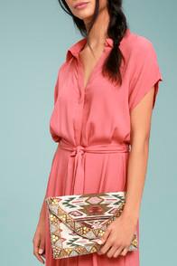 Lulus Tucson Sun Beige Southwestern Print Beaded Clutch