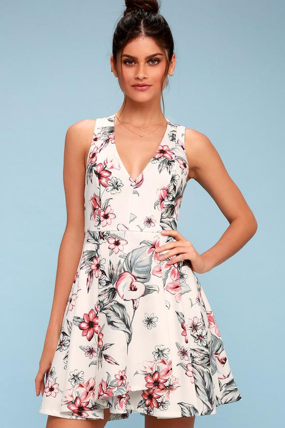 Seeing Chic Green And Ivory Floral Print Skater Dress | Lulus