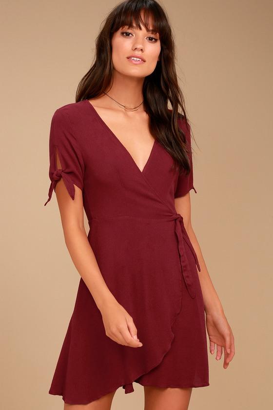 Lulus | My Philosophy Burgundy Wrap Dress | Size Large | Red | 100% Rayon