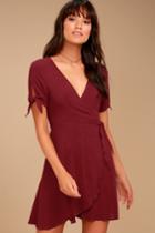 Lulus | My Philosophy Burgundy Wrap Dress | Size Large | Red | 100% Rayon