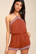 Lulus Tidewater Rust Red Embroidered Romper